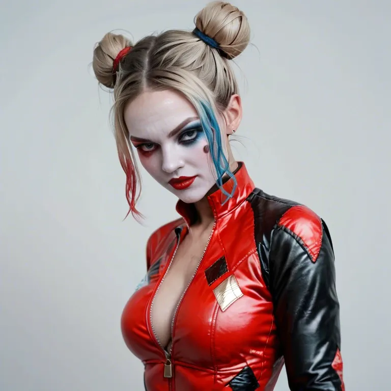 Harley Quinn, Chinese twin hair buns, Chinese jacket, unzipped catsuit