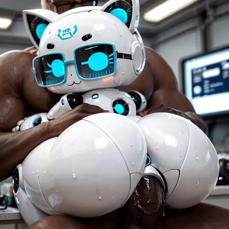 Close up vuew,Black skinned man,giant black penis, sex,carry,Bot, laboratory,robot, cute,robo big ass,white bot,japan,cat iron ears,cute robo face, robo glasses,sweat,slap mark, heart