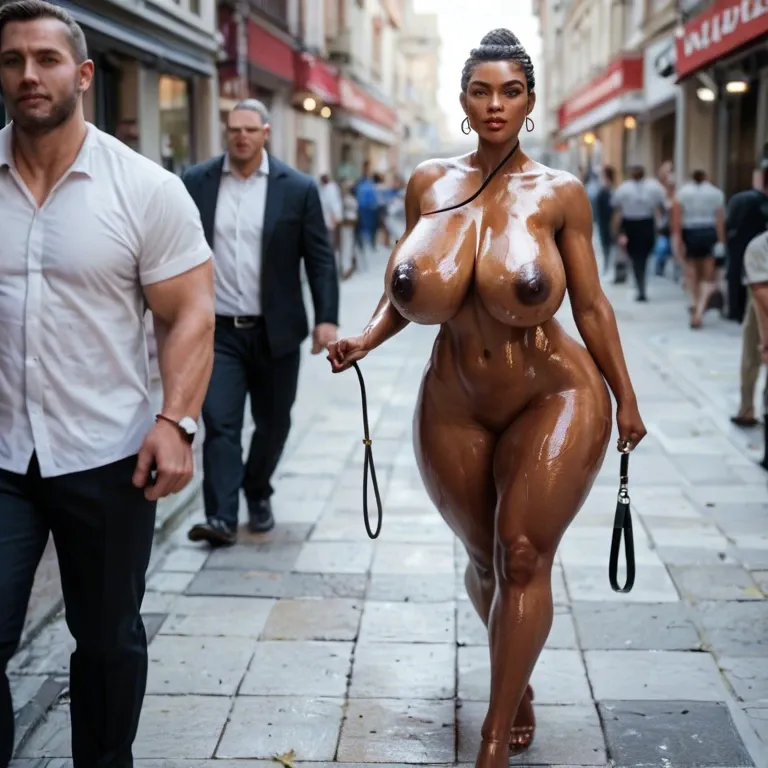 1 girl, 1 man, very dark skin, walking on leash, on all four, in public, naked, extremely hardcore seductive look, extremely beautiful face, naked, oiled skin, extremely detailed face and dark nipples, gigantic round natural breasts, slut, showing tits, grabbing wet pussy lips, body writing