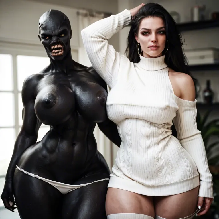 2girl, , , , nose ring,large thighs,nipple slip,huge hips,black skin, strong jawline,arm up,big perky boobs,gigantic hips,shoulders, white sweater,thighhighs,panties down,beige bra,heels, yellow tank top,white pantyhose,cotton panties,green bodysuit,high heels, pants down,fishnet gloves,sports cap,cotton panties,sneakers, in a kitchen, dark alley, cyberpunk, robot, linked, waifu