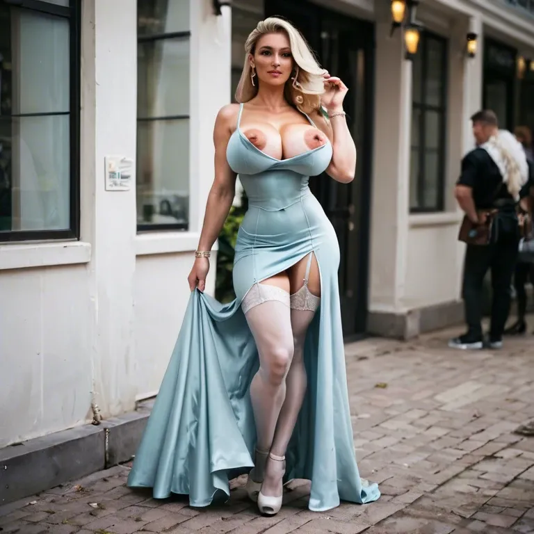 futanari,blonde,big tits,big areolas,big nipples,standing,public,tight white stockings,garter belt,slutty dress,high heels.