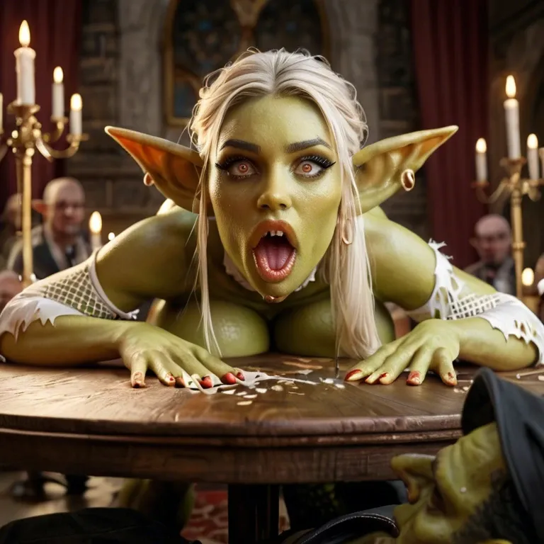 goblin bimbo woman, 1 man, green skin, candles, wearing goblin torn rags, fancy palace ball, many guests shocked, goblin ears, goblin eyes, extremely beautiful face, extremely detailed face and skin, lying on back on dinner table, oiled skin, missionary fucking by man, impregnation, showing extremely gigantic round natural breasts, pregnant, showing wet pussy, slightly arroused, grabing tits, very dark green nipples