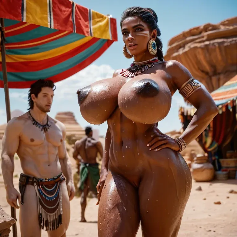 1 man, 1 girl, desert, oasis, slave market, extremely beautiful face, detailed face, extremely detailed pussy lips, extremely detailed puffy black nipples, ebony, young tribal girl, astounishing gigantic natural breasts, nude, wet skin, dark skin, tribal tattoos on skin, breeding tattoo on skin, cum leaking pussy, germanic man touching her body