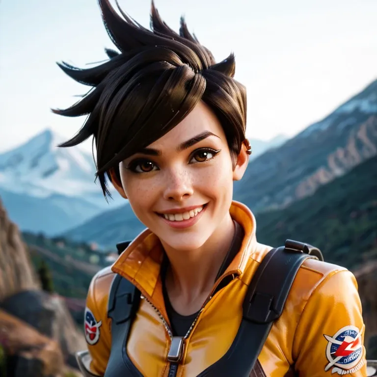 Tracer, cheeky smile, ultra high detailed face, zoom to her face, mountain background