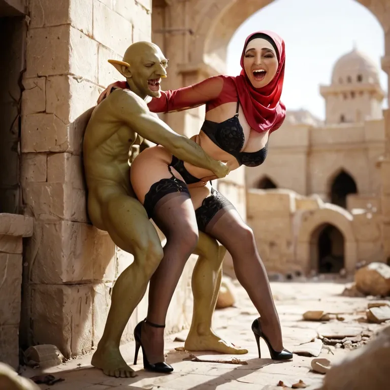 Hijab woman,lingerie,sex,in city ruins,one eye closed,laughing,stockings,high heels,goblin