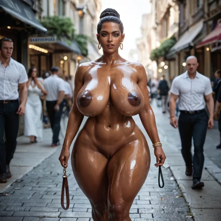 1 girl, 1 man, very dark skin, walking on leash, on all four, in public, naked, extremely hardcore seductive look, extremely beautiful face, naked, oiled skin, extremely detailed face and dark nipples, gigantic round natural breasts, slut, showing tits, grabbing wet pussy lips, body writing