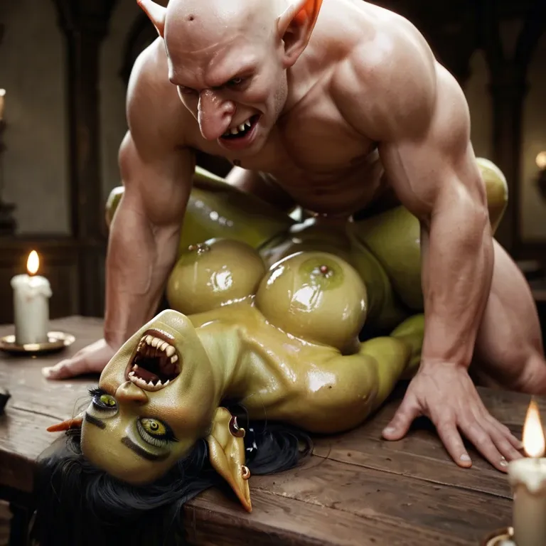 goblin girl, 1 man, green skin, candles, young supermodel girl, goblin ears, goblin eyes, ork teeth, extremely beautiful face, extremely detailed face and skin, on rock table, oiled skin, missionary fucking by man, impregnation, showing extremely gigantic round natural breasts, showing wet pussy, slightly arroused, grabing tits