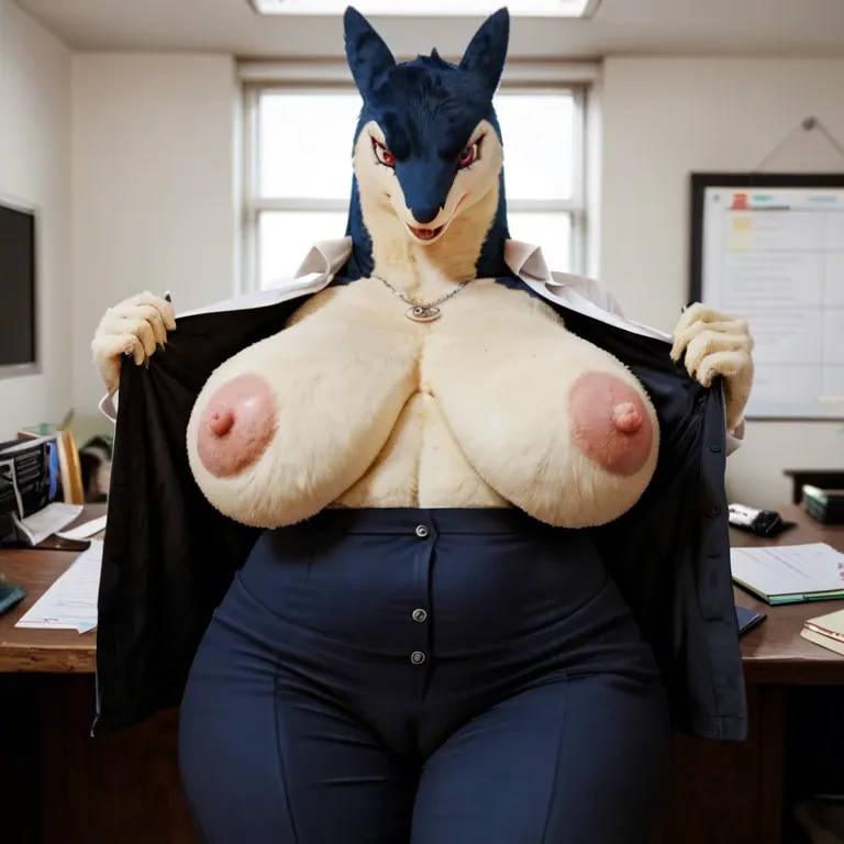 typhlosion from pokemon, milf office lady, gigantic sagging boobs, huge unbuttoned nipples, thick camel toe, furry, pov, undressing