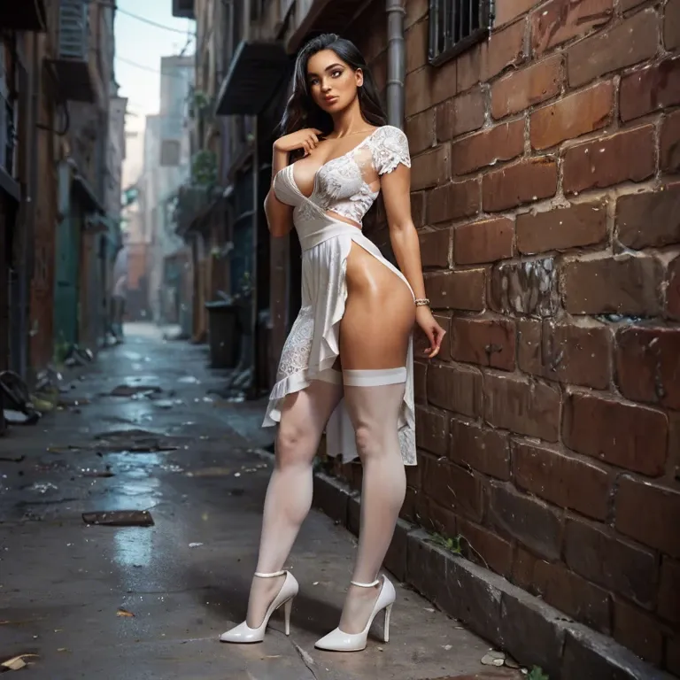 latina woman in a dark alley, 30 years old, voluptuous, slim, no bra, no panties, smooth legs, white stockings, white high heels, one hand hiding her pubis, the other hand on one breast, detailed face, detailed hands