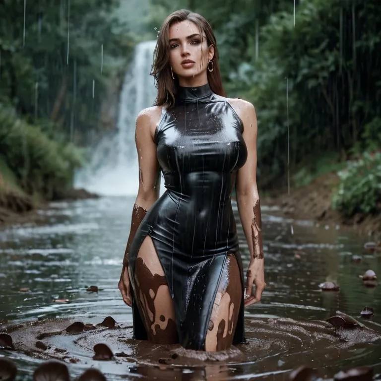 Hot blond girl in tight thigh slit leather dress getting fucked in mud in rain