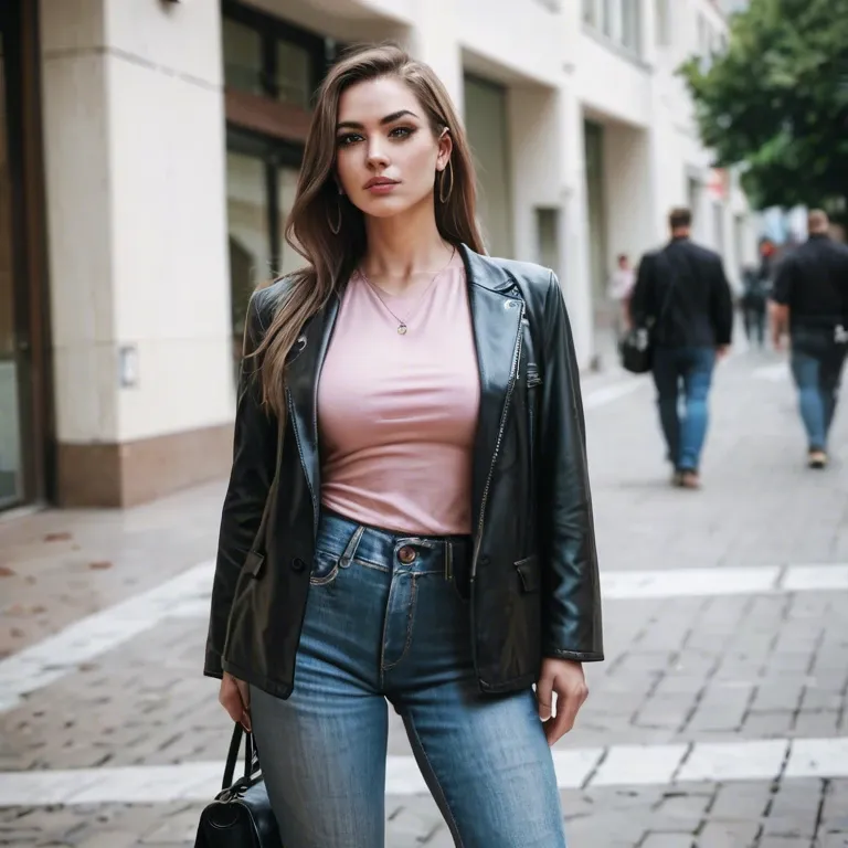 brown long hair,  black jacket, pink shirt, jeans, black botin, sport hand bag, hotel reception