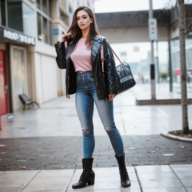 brown long hair,  black jacket, pink shirt, jeans, black boots, sport bag, hotel lounge