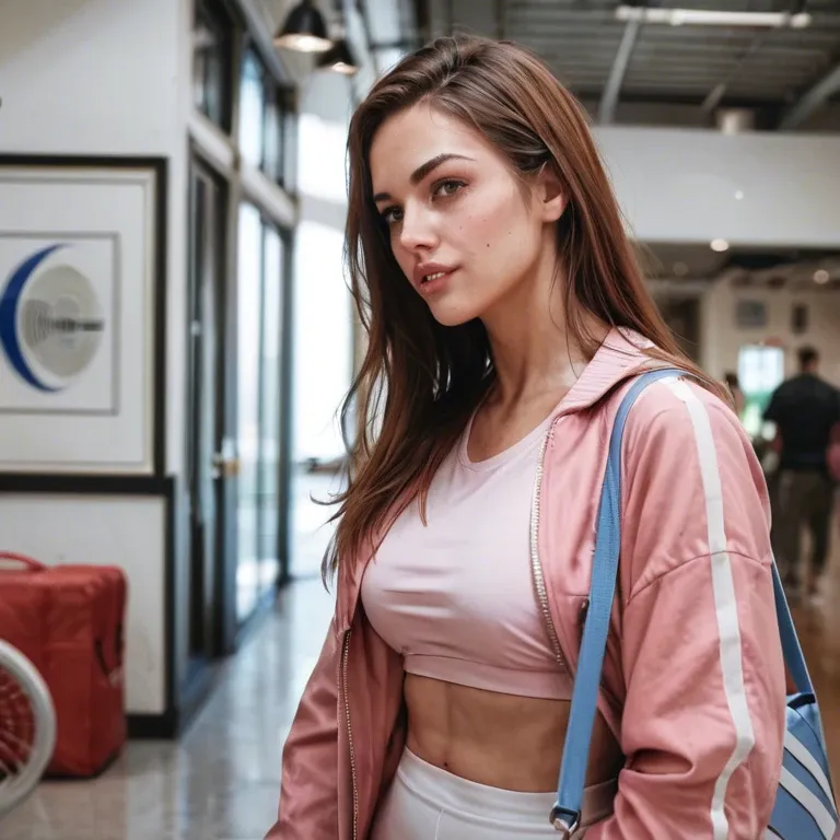 brown hair, pink jacket, pink shirt, sport bag, foyer