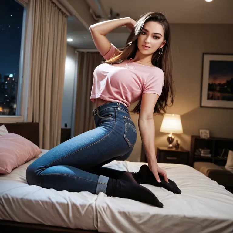 brown hair, pink shirt, jeans, hotel room, black socks. night