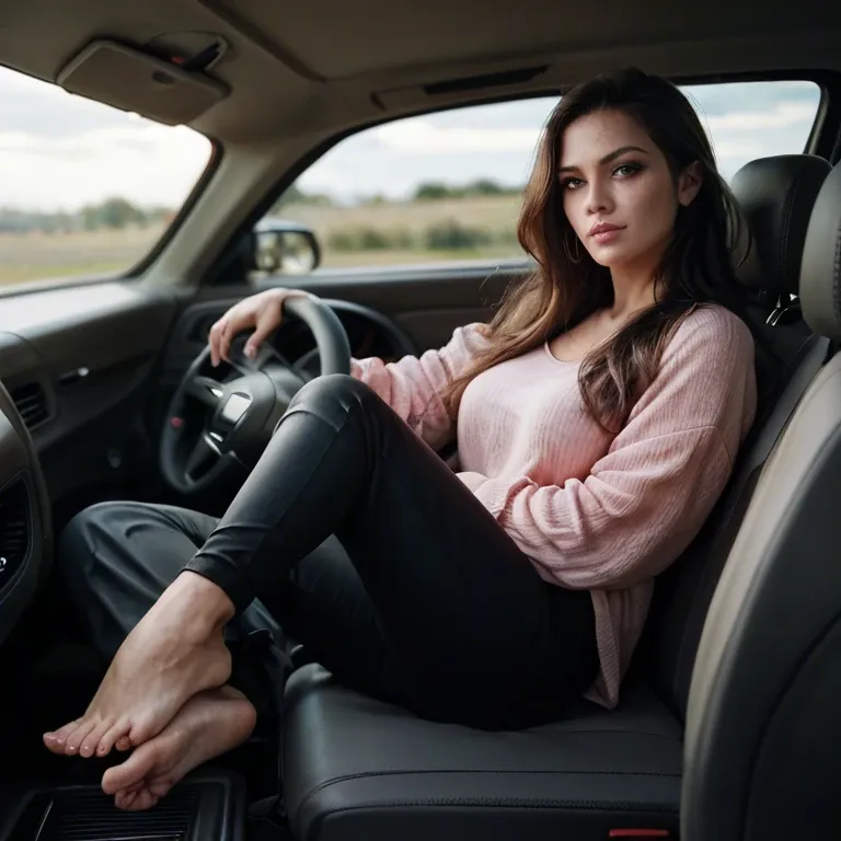 brown long hair woman, black jacket, black pants, pink shirt, black socks, feet on car dashboard