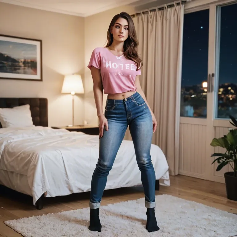 brown hair, pink shirt, jeans, hotel room, black socks. night