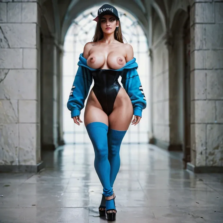 1girl,solo, , , , sharp jawline,elbow,wide areolae,narrow waist,off shoulder, sweatshirt,leg warmers,black hat,black leotard,stiletto heels, blue dress,blue stockings,garrison cap,no bra,brown boots, dungeon, ultra detailed, dim, anna hair