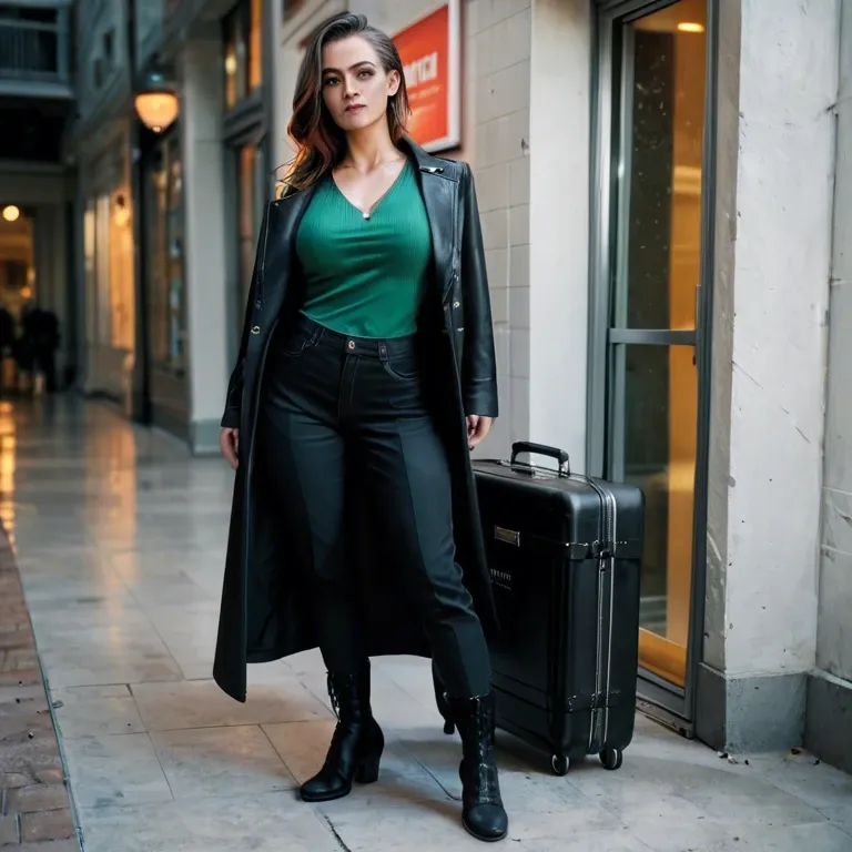 Brown hair woman, hotel reception, shoulder luggage, black jacket, green shirt, pants, black boots