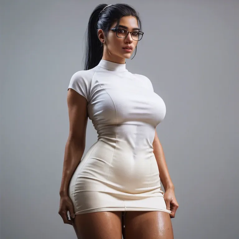 Latina curvy woman with black hair in a ponytail glasses wide hips thick thighs, white shirt pencil dress pulled up showing dripping pussy