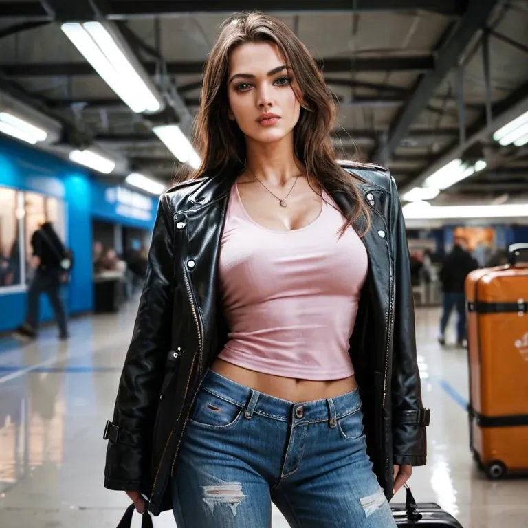 brown long hair,  black jacket, pink shirt, jeans, black botin, sport luggage, lobby, night