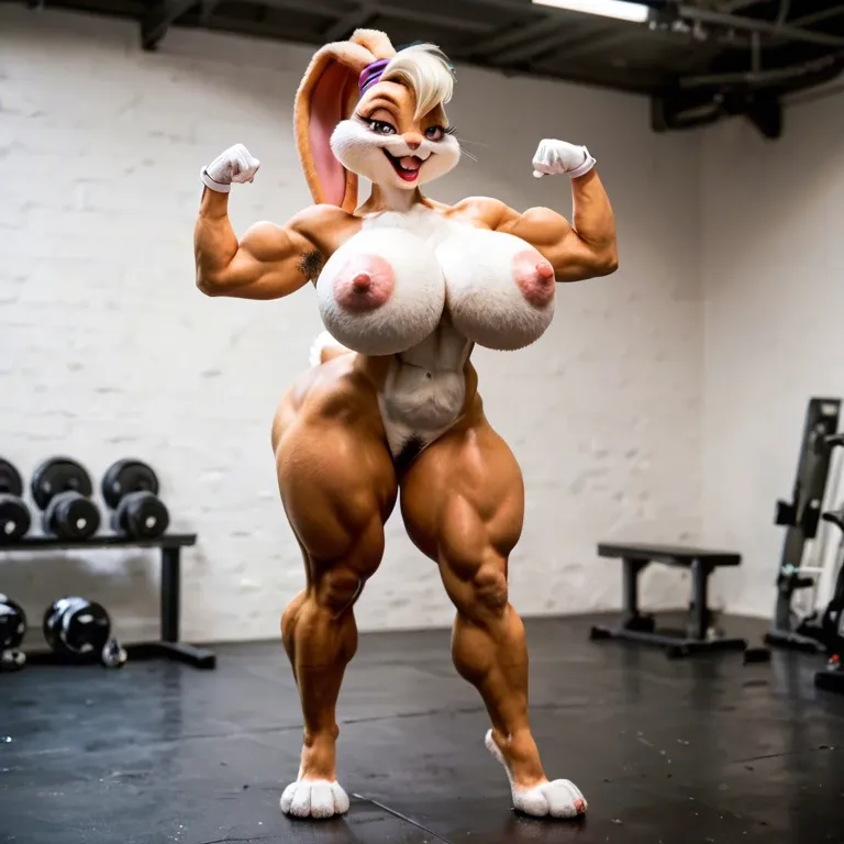 Lola Bunny, anthropomorphic rabbit woman, pink fur, giant breasts, long thick muscular legs, rabbit feet, protruding hard nipples, giant bimbo red lips, extra furry, hairy armpits, bunny tail, flexing one arm, facesitting, ass worship