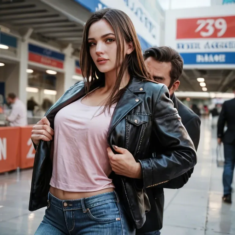 brown long hair,  black jacket, pink shirt, jeans, black botin, carry-on baggage, lobby