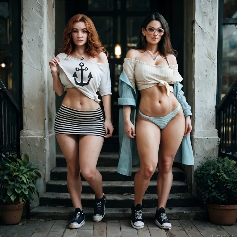 2girl, , , , freckle,kneepits,perky boobs,bare navel,off shoulder, pulling shirt,striped skirt,circle glasses,cotton panties,black sneakers, silk gown,anchor necklace,metal rings,bikini top lift,shoes, blue shirt,striped clothes,black collar,hand on panties,stiletto heels, bedroom, daphne blake, dungeon, unforgettable, princess peach, spider-gwen, waifu