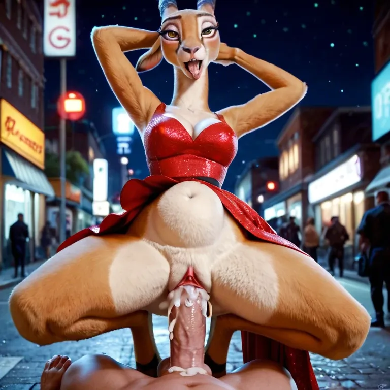 Gazelle and tiger, zootopia, furry, hardcore, inflated belly, cock in the pussy, ahegao, size differense, more cum, night street, publick, red dress,