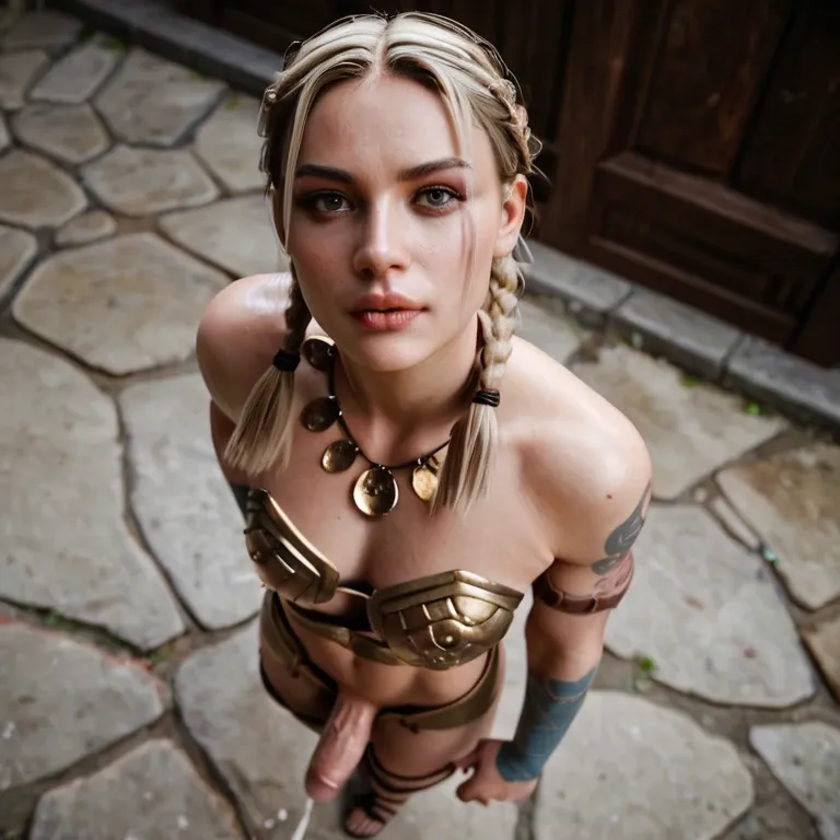 Femboy, veiny penis, large breast,ejaculation,3d,slender crooked nose,white paled,slim contexture,pigtails dark blonde,high angle full body,hot look,tattooed, gladiator clothes