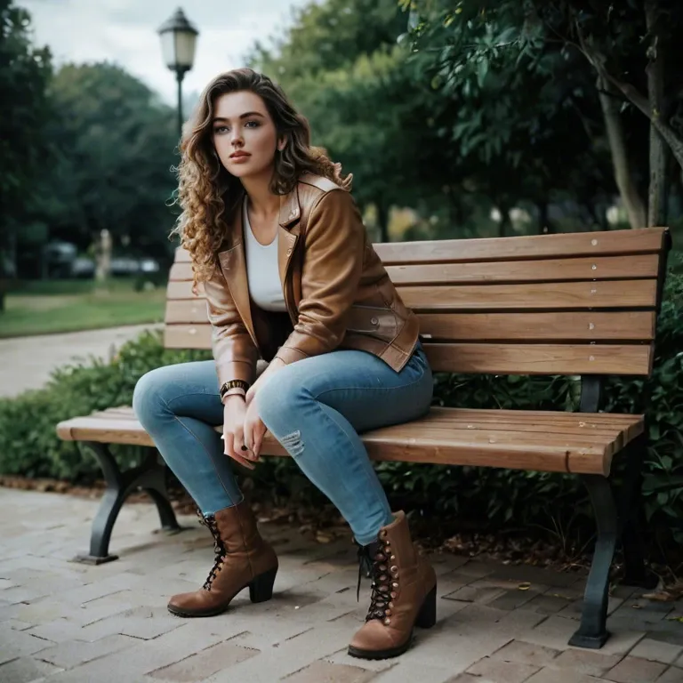 woman with brown shoulder-length wavy hair, she is sitting in a park on a park bench, she is wearing jeans and ankle boots, she is wearing a thick jacket