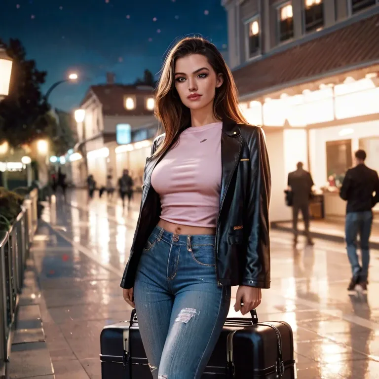 brown long hair,  black jacket, pink shirt, jeans, black botin, sport suitcase, hotel reception, night