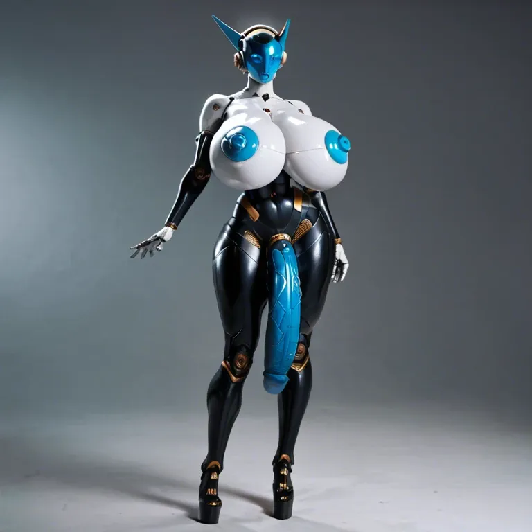 Robot girl, gigantic breasts, gigantic penis, posing, standing, futanari, solo, on her knees,