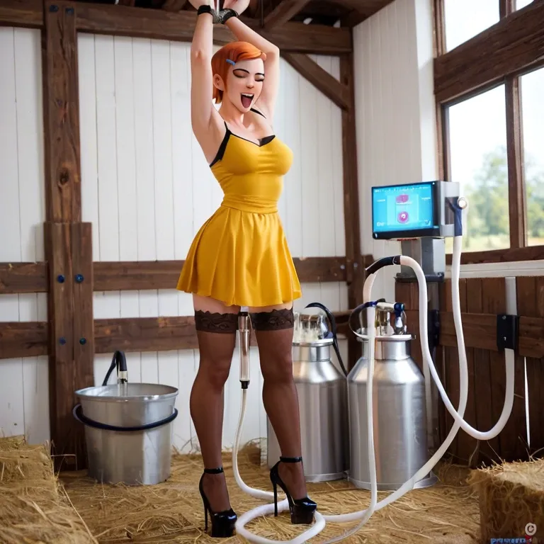 Gwen tennyson,yellow dress,stockings,high heels,lactating,milking machine,aheago,laughing,tied arms,in farm,glowing eyes,ben10