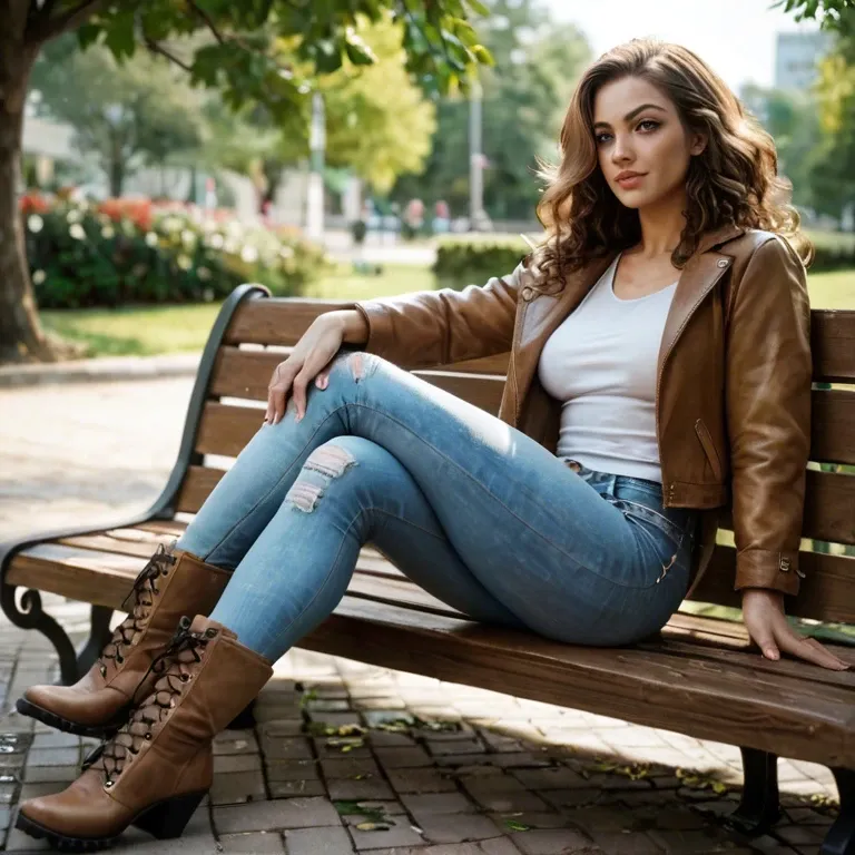 woman with brown shoulder-length wavy hair, she is sitting in a park on a park bench, she is wearing jeans and ankle boots, she is wearing a thick jacket