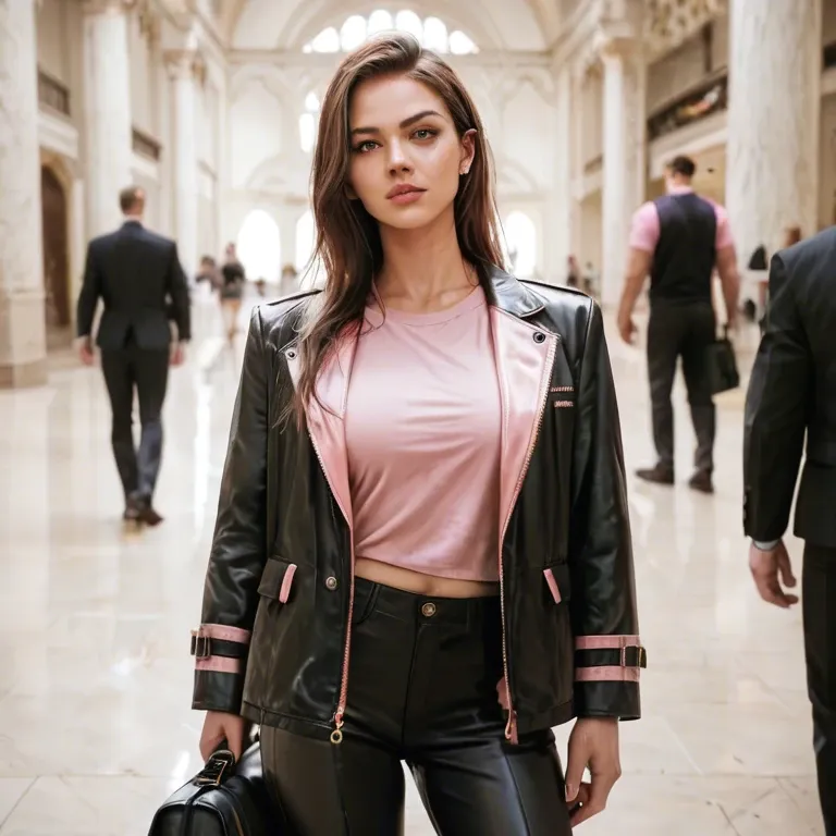 brown hair, black jacket, pink shirt, black pants, black sport bag, foyer