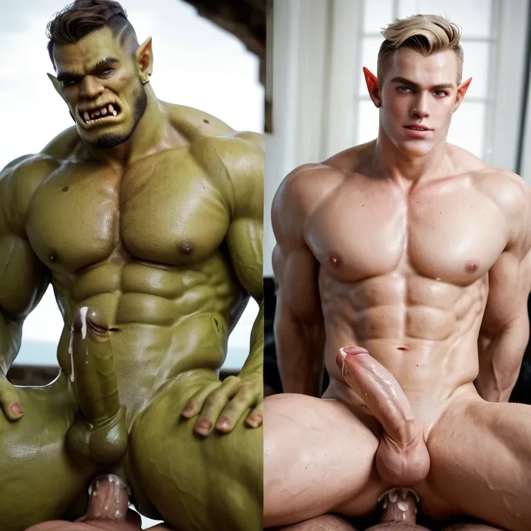 Multiple views, Gay anal, skinny twink, orc, rides  sqatting, muscular robot, cum inside, handsfree cum