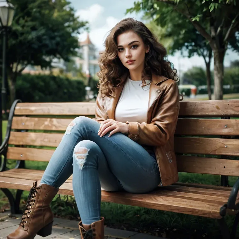 woman with brown shoulder-length wavy hair, she is sitting in a park on a park bench, she is wearing jeans and ankle boots, she is wearing a thick jacket