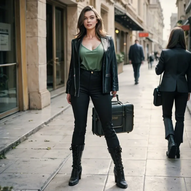 Brown hair woman, hotel reception, hand luggage, black jacket, green shirt, black boots