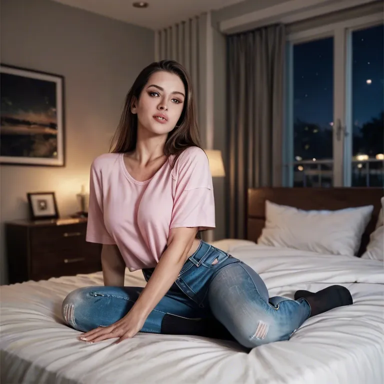 brown hair, pink shirt, jeans, hotel room, black socks. night