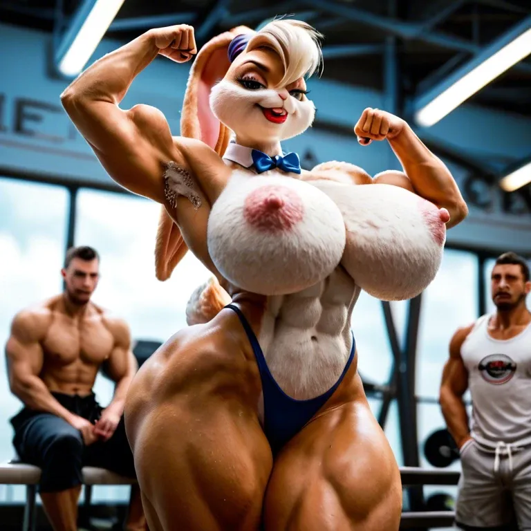 Lola Bunny, anthropomorphic rabbit woman, pink fur, giant breasts, long thick muscular legs, rabbit feet, protruding hard nipples, giant bimbo red lips, furry, hairy armpits, bunny tail, flexing one arm, facesitting, ass worship