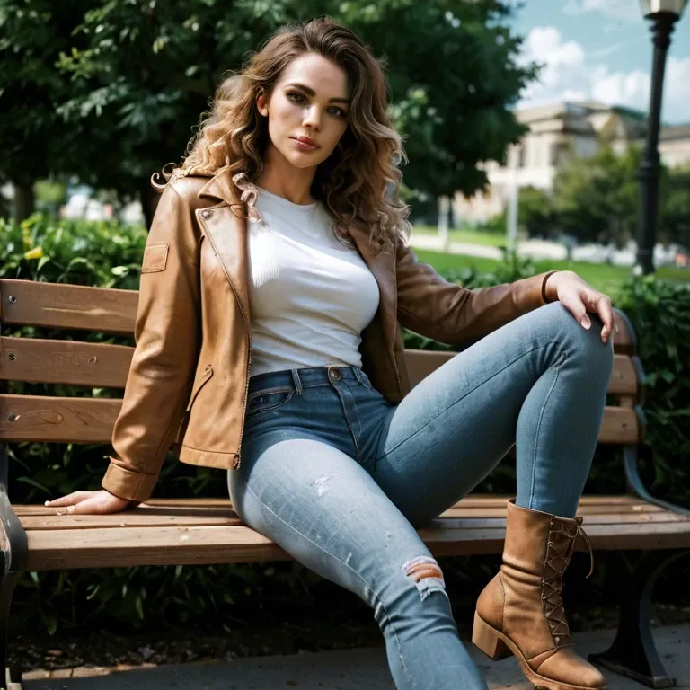 woman with brown shoulder-length wavy hair, she is sitting in a park on a park bench, she is wearing jeans and ankle boots, she is wearing a thick jacket