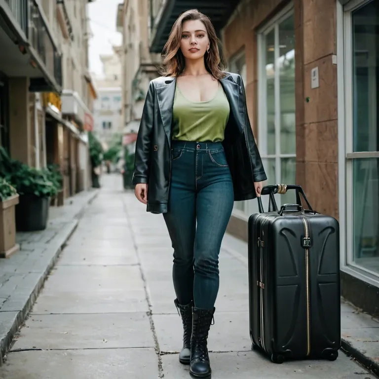 Brown hair woman, hotel reception, hand luggage, black jacket, green shirt, pants, black boots