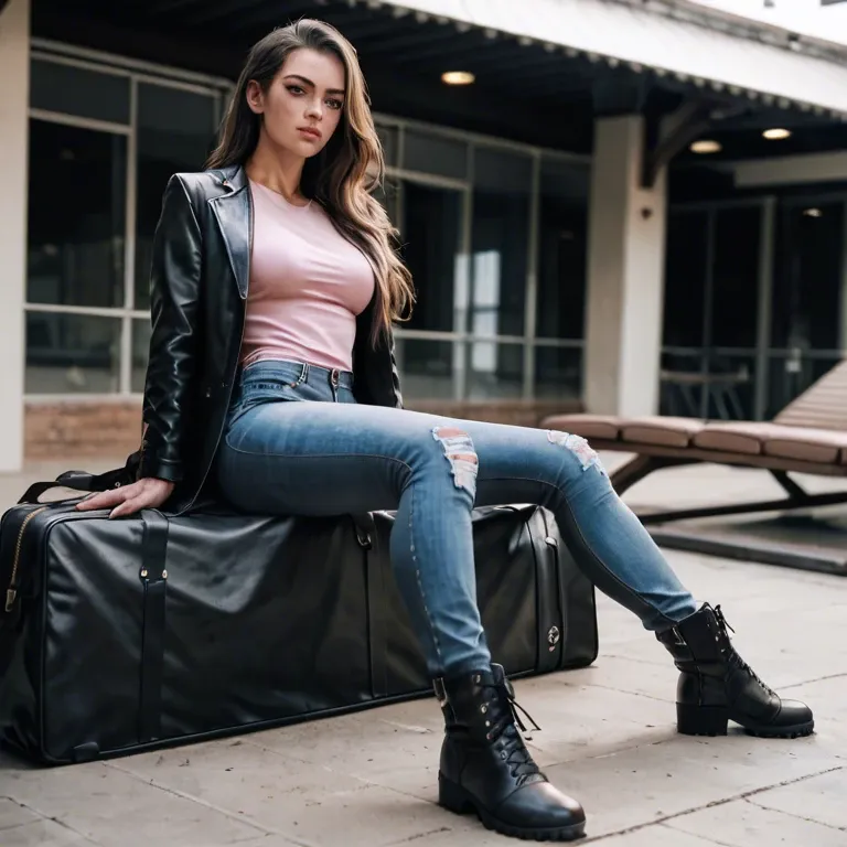 brown long hair,  black jacket, pink shirt, jeans, black boots, sport bag baggage, lounge