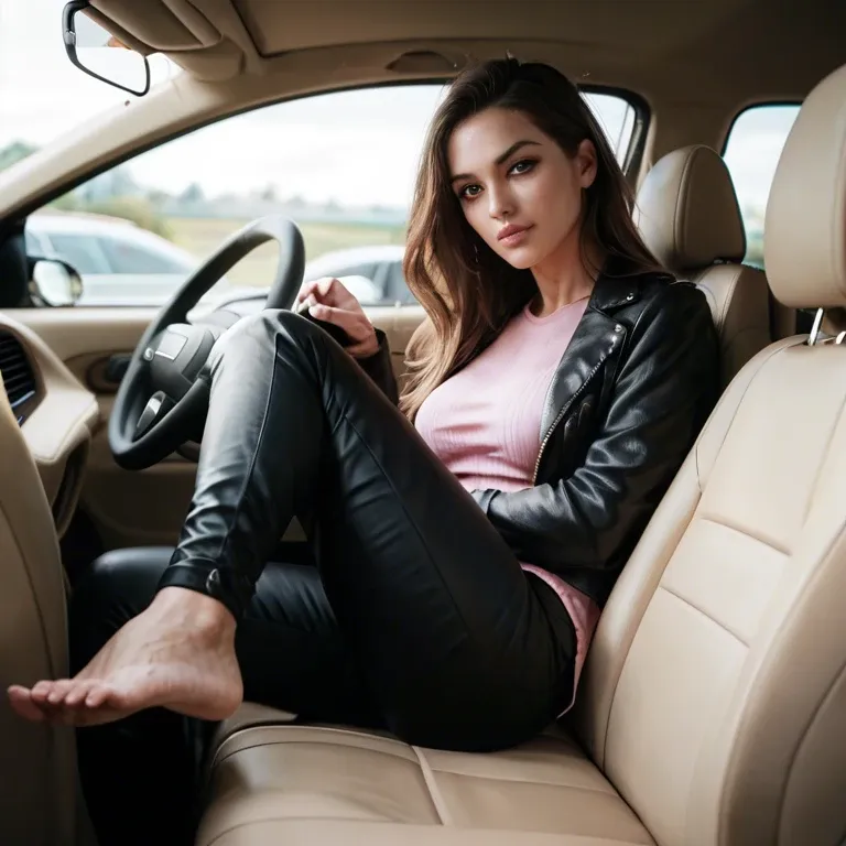 brown long hair woman, black jacket, black pants, pink shirt, black socks, feet on car dashboard