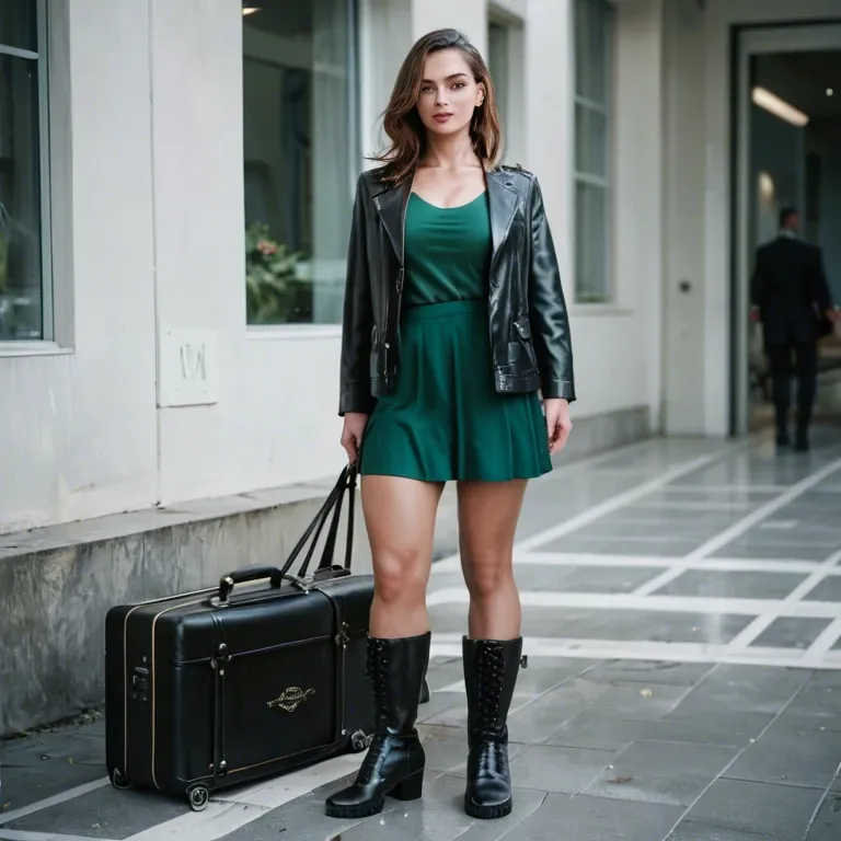 Brown hair woman, hotel reception, hand luggage, black jacket, green shirt, black boots