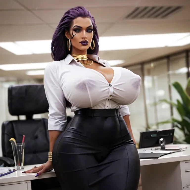 office lady clothes, gigantic boobs, huge covered nipples, gold Egyptian jewelry and piercings , thick fat camel toe, purple cobra furry