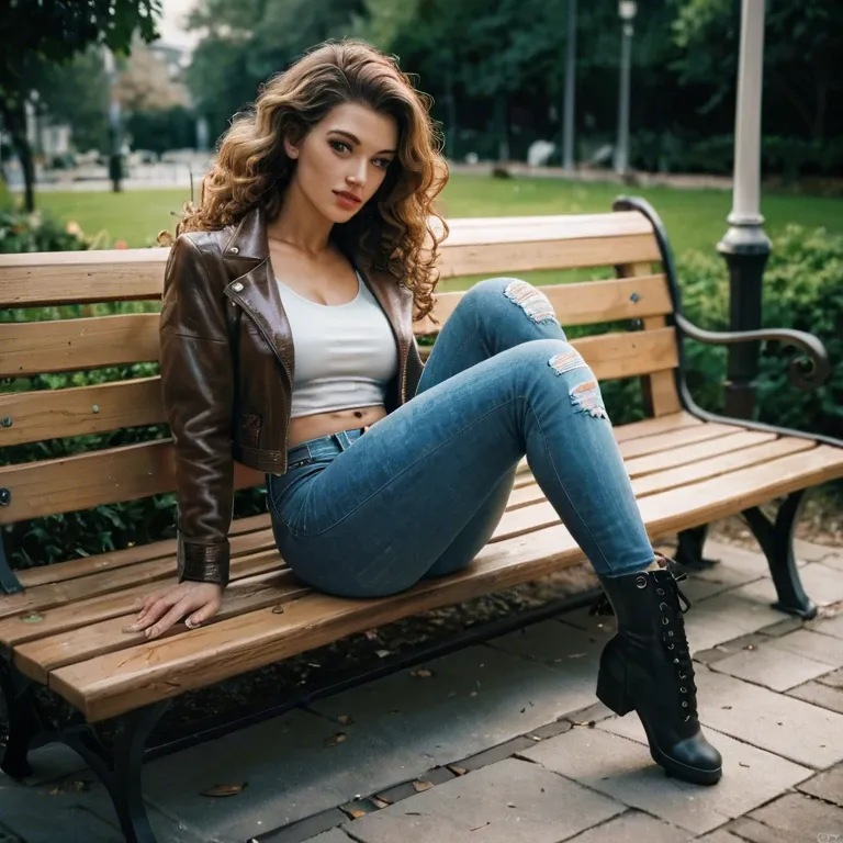 woman with brown shoulder-length wavy hair, she is sitting in a park on a park bench, she is wearing jeans and ankle boots, she is wearing a thick jacket