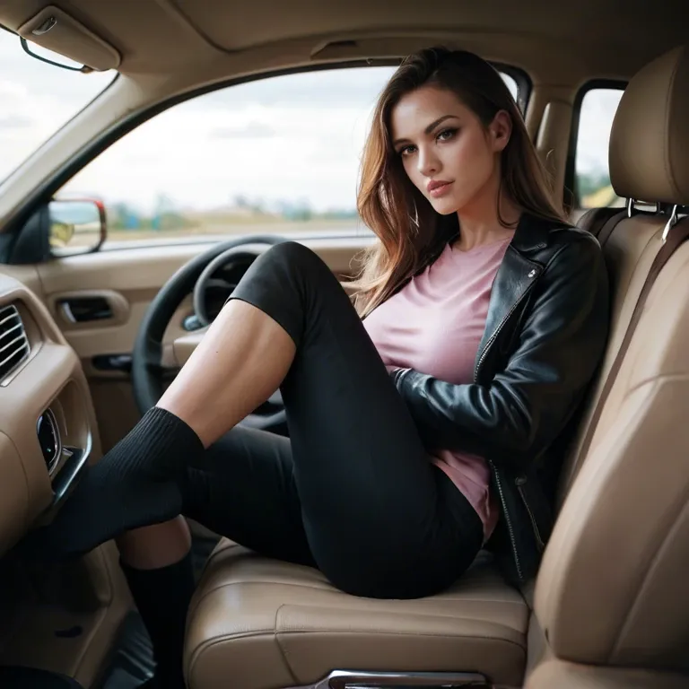 brown long hair woman, black jacket, black pants, pink shirt, black socks, feet on car dashboard