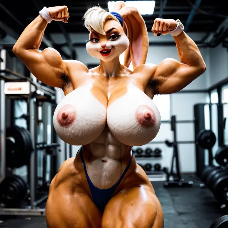 Lola Bunny, anthropomorphic rabbit woman, pink fur, giant breasts, long thick muscular legs, rabbit feet, protruding hard nipples, giant bimbo red lips, extra furry, hairy armpits, bunny tail, flexing one arm, facesitting, ass worship