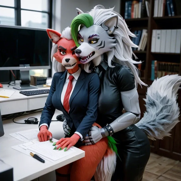 Office, anthro, angry, office_clothes, anal, five_nights_at_freddy's, roxanne_wolf, roxanne_wolf giving foxy reach_around, Robot, machine, futanari, excessive_boobs, canine_cock, knot